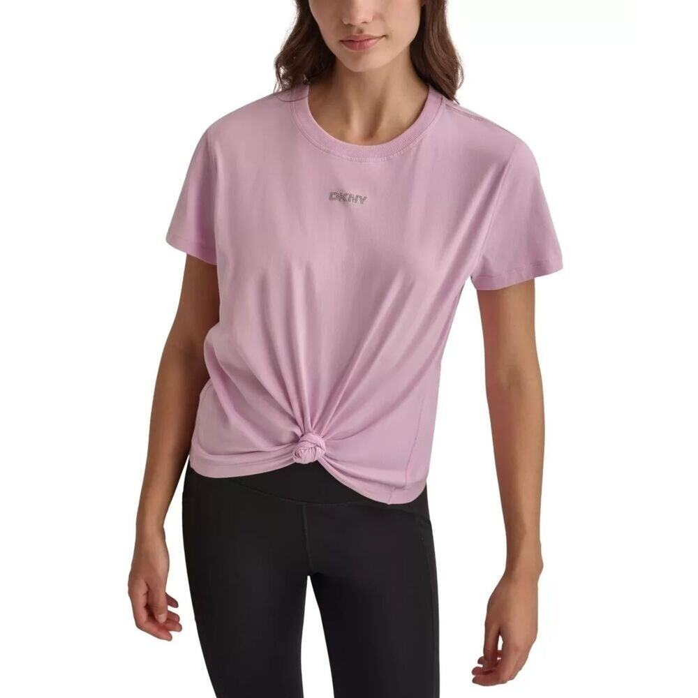 Dkny Sport Women Cotton Stud Logo Knot-Front T-Shirt, Pink Lavender Size XS NWT